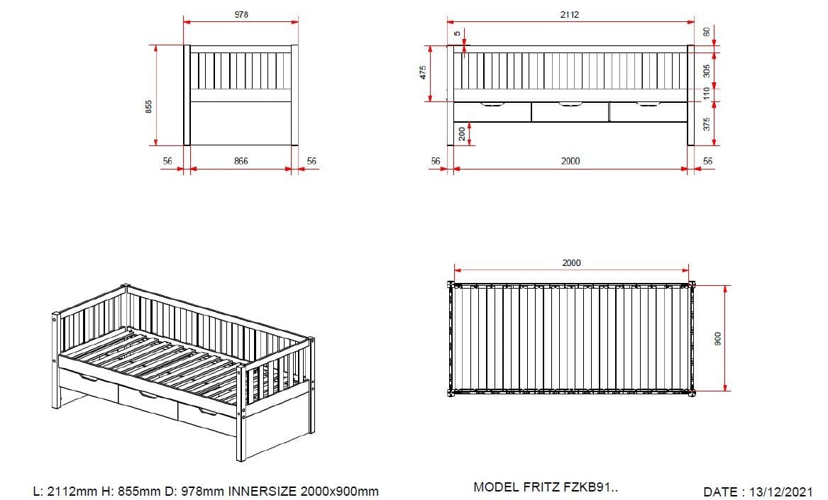 Παιδικό κρεβάτι καναπές ξύλινος Fritz 90x200 με συρτάρια