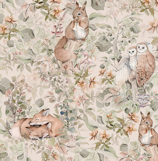 Ταπετσαρία δάσος με ζώα μπεζ